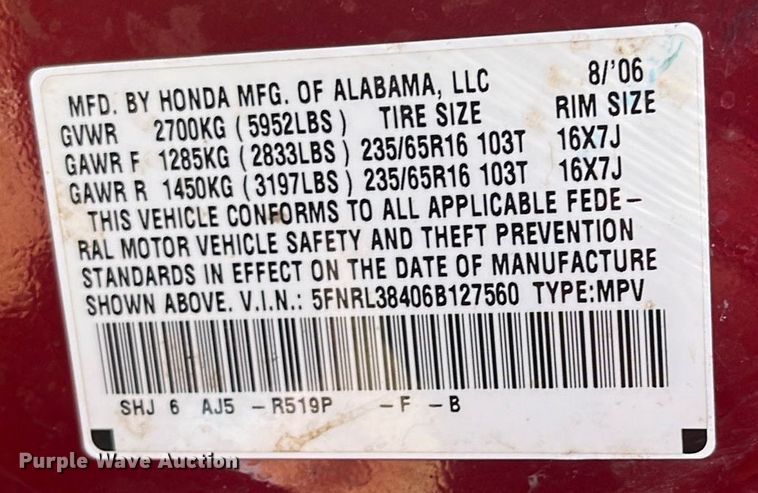 image for item DR7277 2006 Honda Odyssey  van