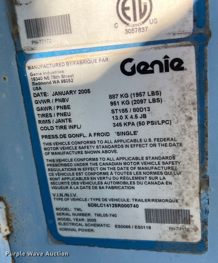 image for item HX9918 2005 Genie TML  light plant