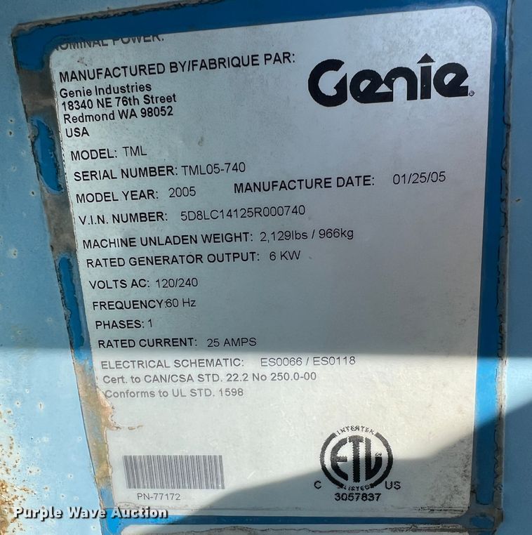 image for item HX9918 2005 Genie TML  light plant