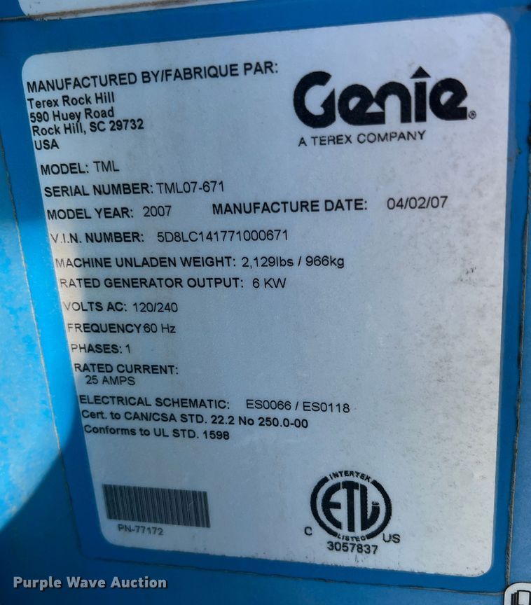 image for item HX9919 2007 Genie TML-4000  light plant