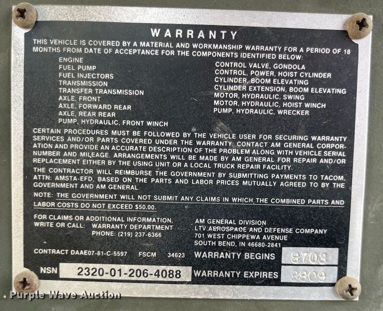 image for item JD9331 1987 Am General M925  bale bed truck