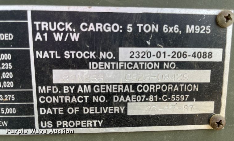 image for item JD9331 1987 Am General M925  bale bed truck