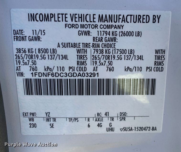 image for item JW9382 2016 Ford F650 Super Duty  box truck