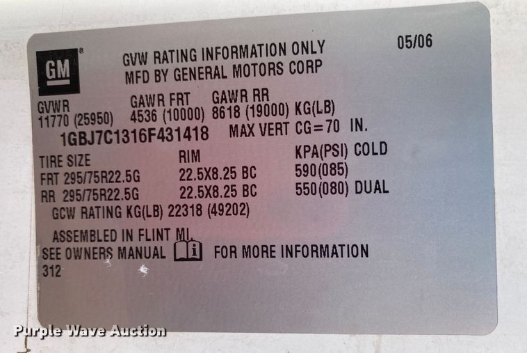 image for item JW9471 2006 Chevrolet C7500  flatbed truck