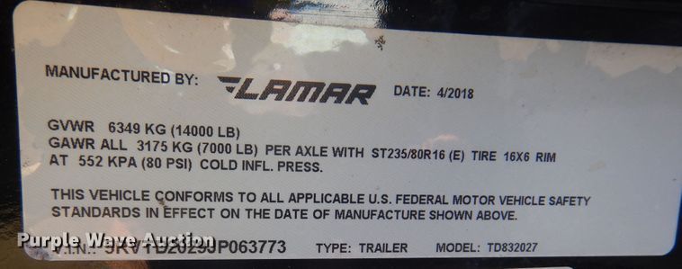 image for item KO9923 2018 Lamar  tilt deck equipment trailer