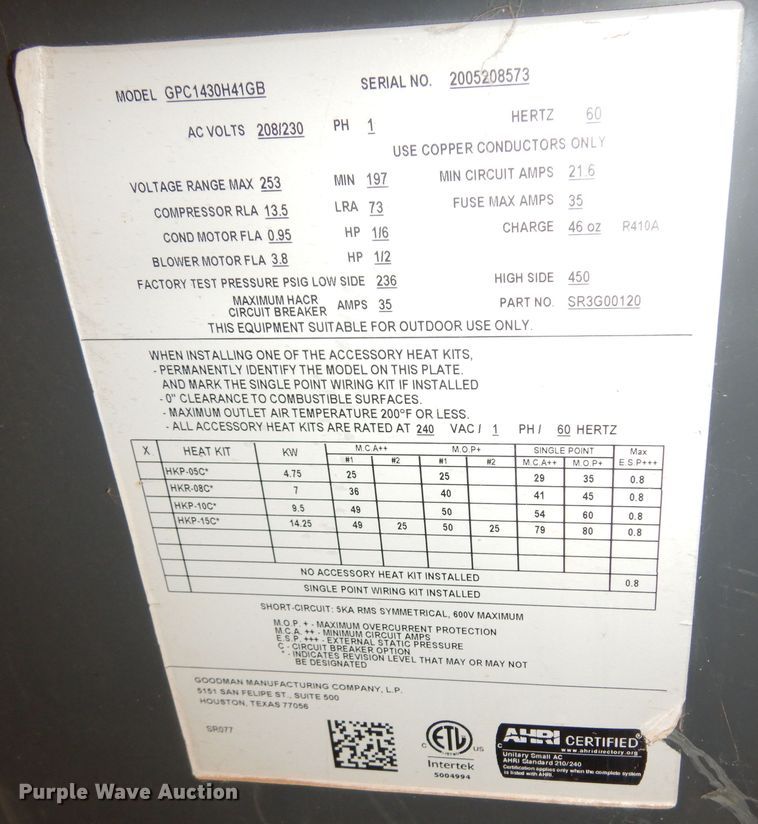 image for item KO9983 (2) Goodman GPC1430H41GB combination AC units