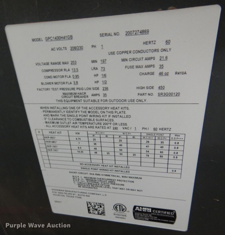 image for item KO9983 (2) Goodman GPC1430H41GB combination AC units