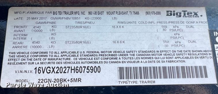 image for item MR9942 2017 Bigtex 22GN-20BK+5MR  equipment trailer