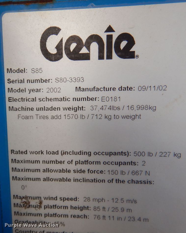 image for item DJ3863 2002 Genie S-85  boom lift