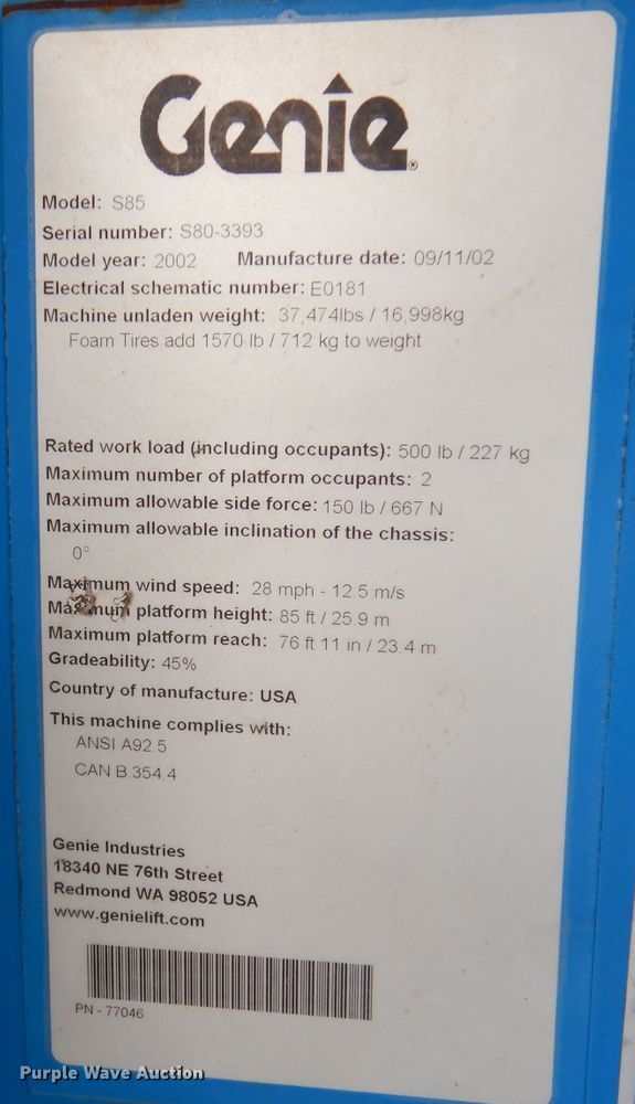 image for item DJ3863 2002 Genie S-85  boom lift