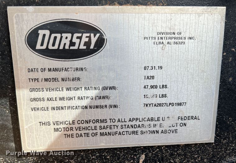 image for item DO8784 2020 Dorsey TA20  equipment trailer