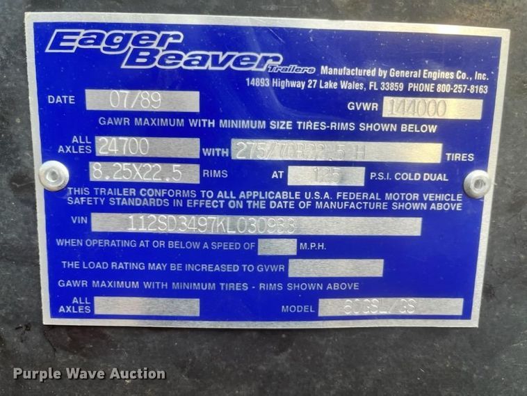 image for item DR0547 1989 Eager Beaver 60GSL  lowboy equipment trailer