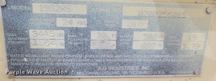 image for item JZ9051 2016 JLG 1932RS  scissor lift