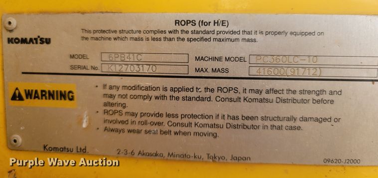image for item LN9591 2013 Komatsu PC360LC-10  excavator