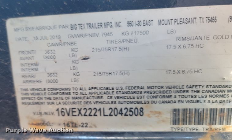 image for item LN9611 2020 Big Tex  tilt deck equipment trailer