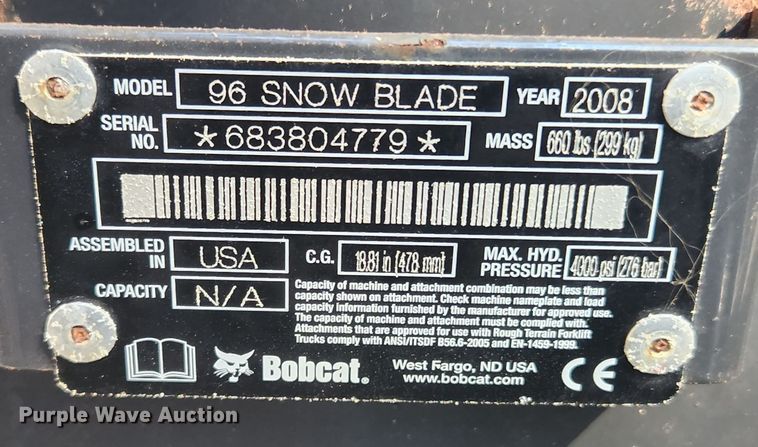 image for item MK9398 2008 Bobcat 96 Snow Blade  skid steer snow plow