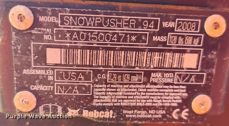 image for item MK9399 2008 Bobcat Snowpusher 94  skid steer snow pusher