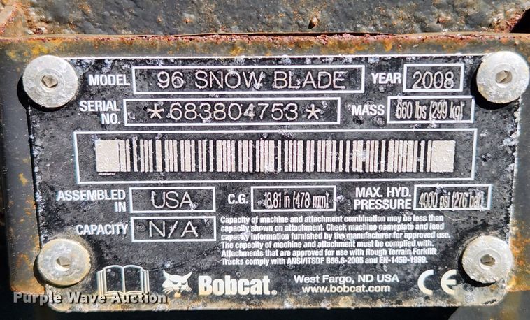 image for item MK9400 2008 Bobcat 96 Snow Blade  skid steer snow plow