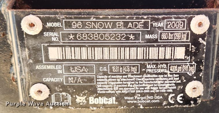 image for item MK9401 2009 Bobcat 96 Snow Blade  skid steer snow plow