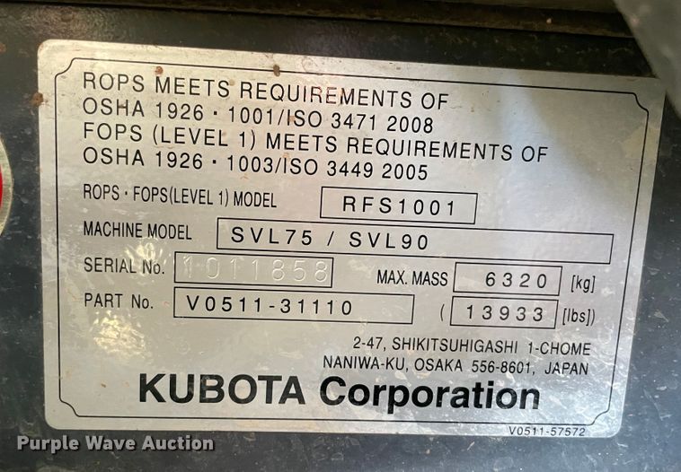 image for item MR9388 2013 Kubota SVL90-2  tracked skid steer loader