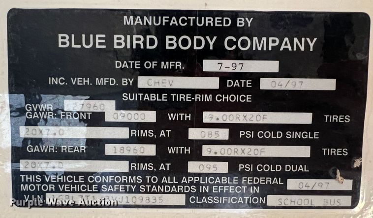 image for item HX9982 1997 Chevrolet B7 Bluebird  school bus