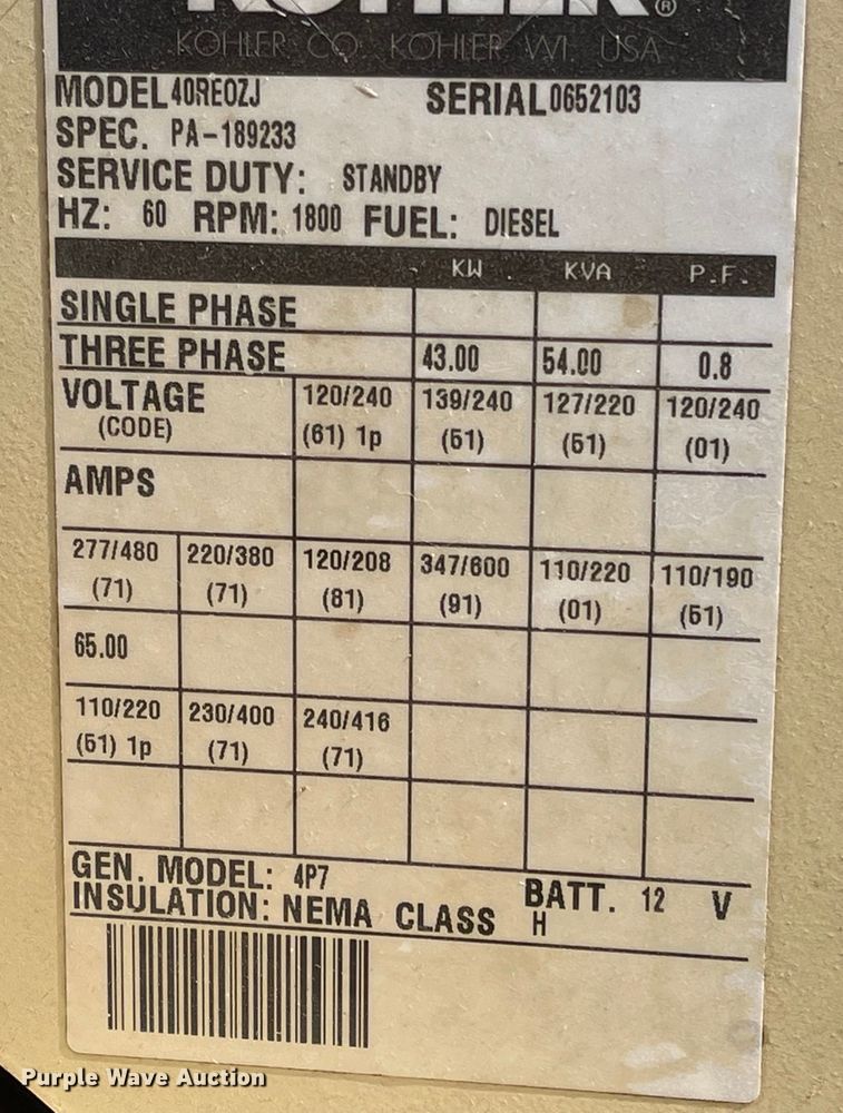 image for item JD9280 Kohler 40RE0ZJ  generator