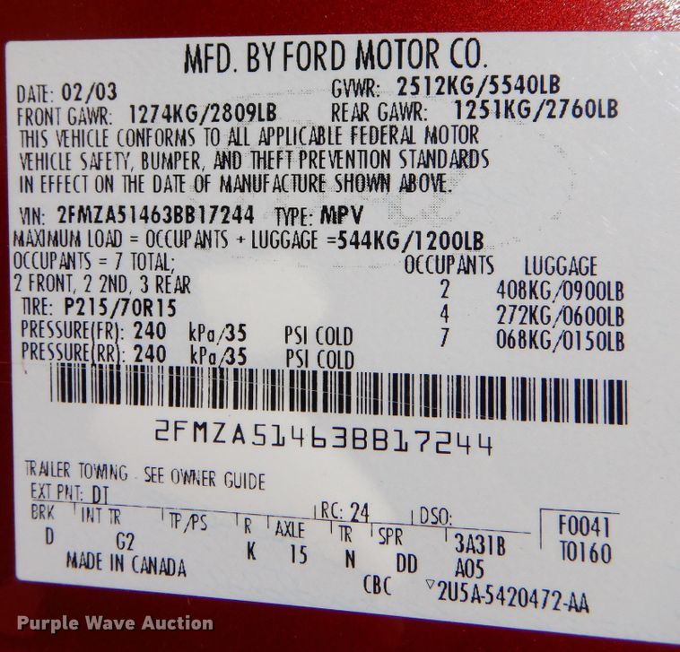image for item KO9816 2003 Ford Windstar  van