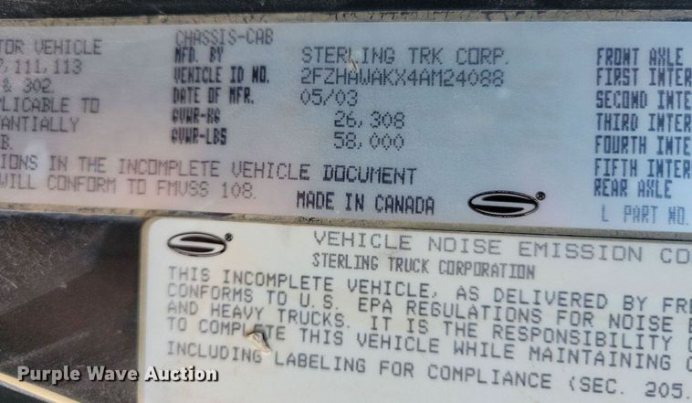 image for item KW9498 2004 Sterling L8500  dump truck