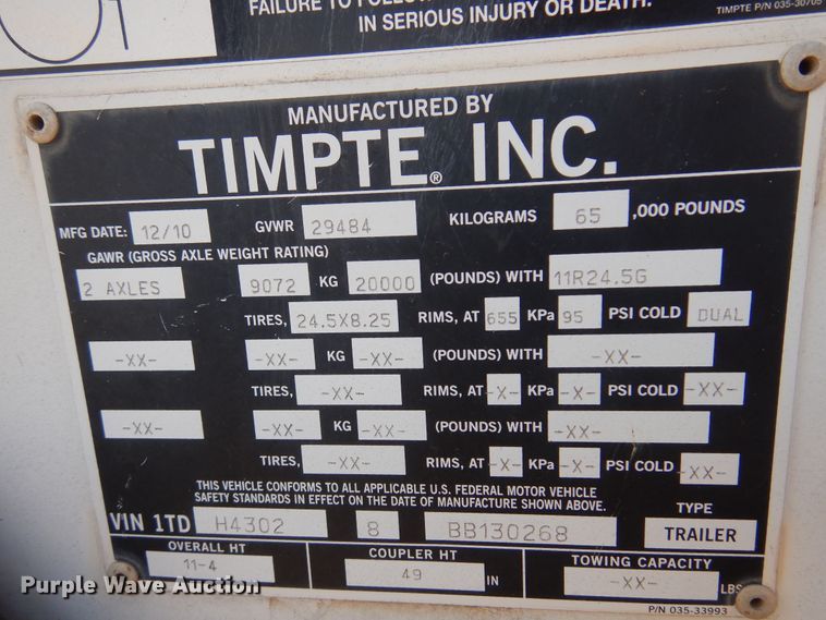 image for item JJ9663 2011 Timpte Super Hopper 4066  grain trailer