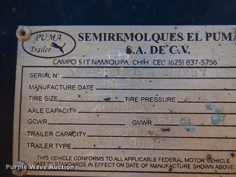 image for item DK7000 2019 Puma  bottom dump trailer