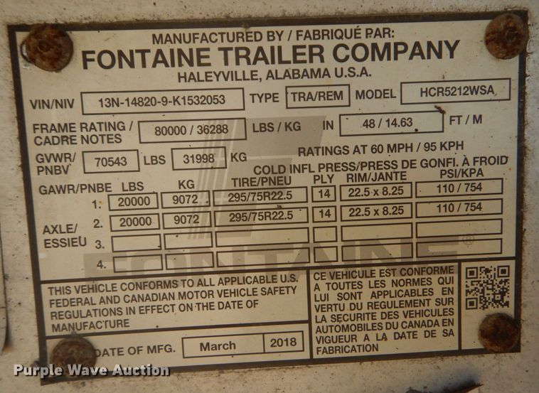 image for item DO1593 2019 Fontaine HCR5212WSA  flatbed trailer