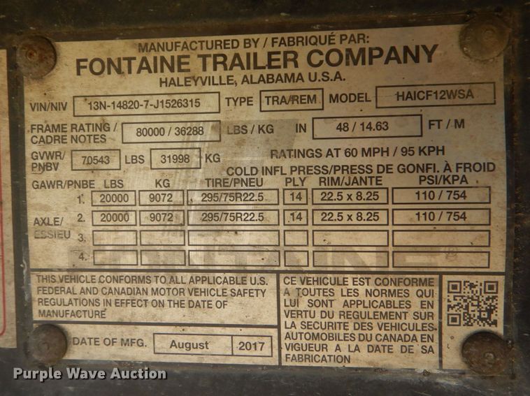 image for item DO1595 2018 Fontaine HAICF12WSA  flatbed trailer