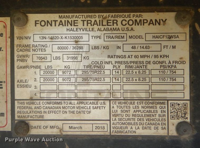 image for item DO1597 2019 Fontaine HAICF12WSA  flatbed trailer