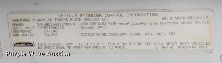 image for item DQ2975 2016 Freightliner Cascadia Evolution  semi truck