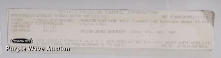 image for item DQ2982 2016 Freightliner Cascadia Evolution  semi truck