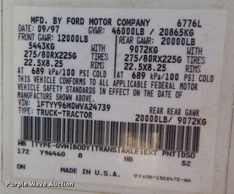 image for item HF9409 1998 Ford AT9513 Aeromax 113 semi truck