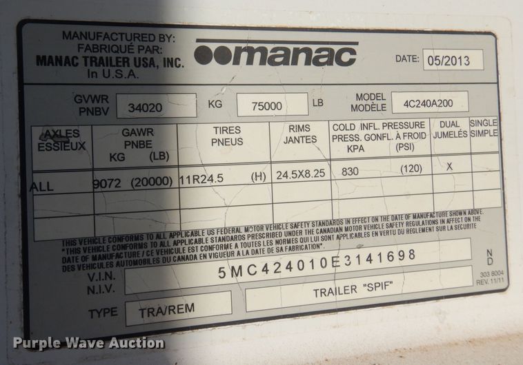 image for item KO9917 2014 Manac 4C240A200  bottom dump trailer