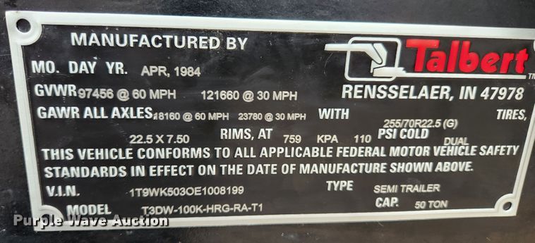 image for item MK9414 1984 Talbert T3DW-100K-HRG-RA-T1  lowboy equipment trailer