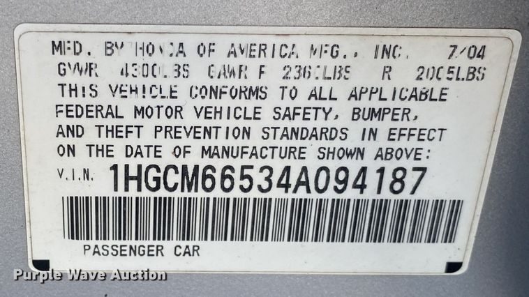 image for item JA9039 2004 Honda Accord