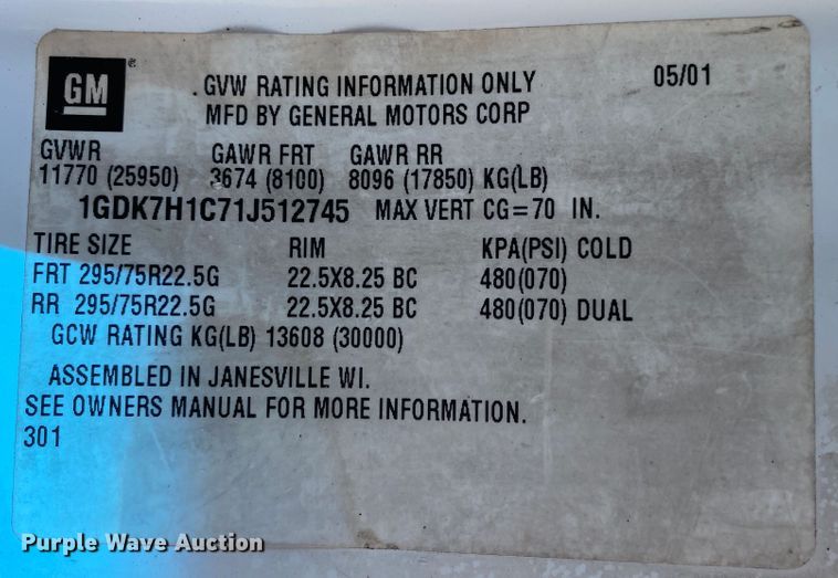 image for item JW9428 2001 GMC C7500  box truck