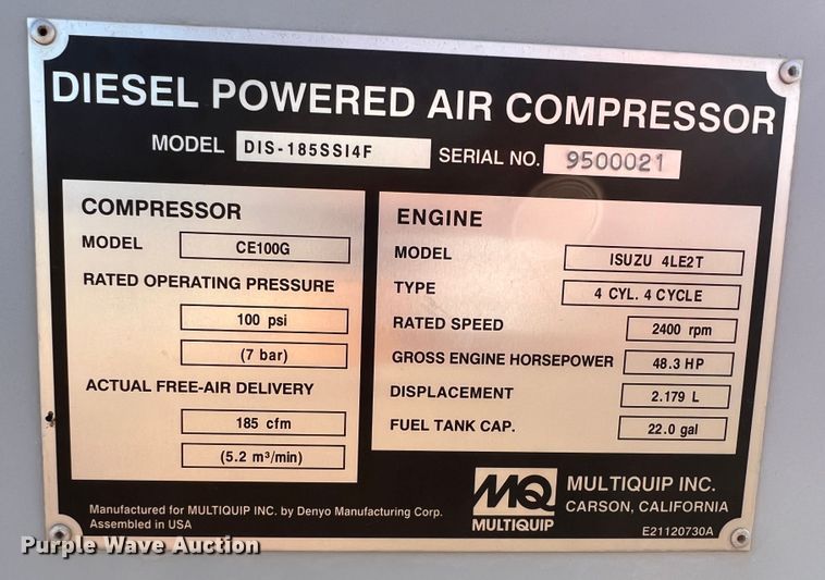 image for item KF9904 Multiquip DIS-185SSI4F  air compressor