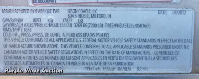 image for item KO9935 2013 Bison Coach 8314  livestock trailer