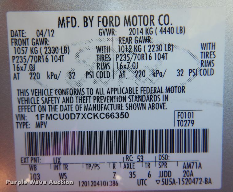 image for item KU9654 2012 Ford Escape  SUV