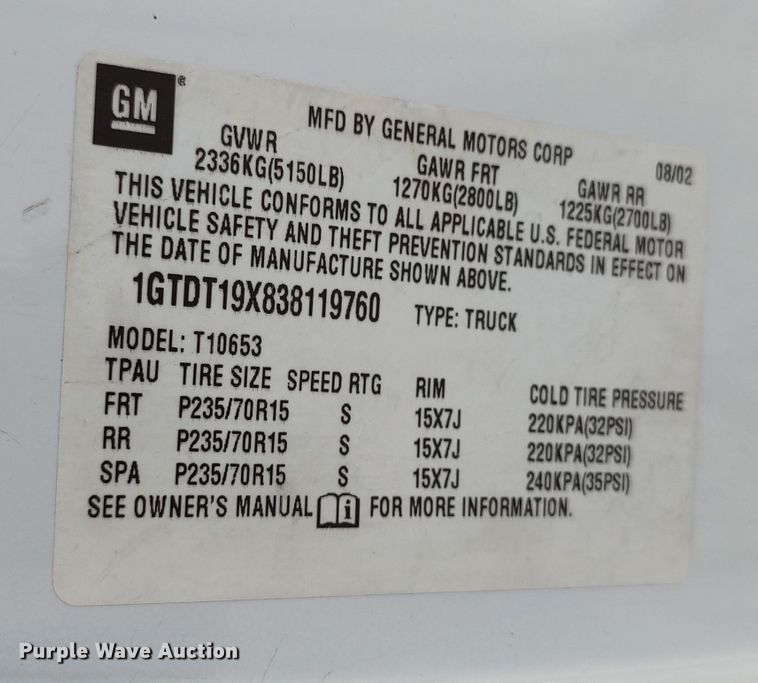 image for item LK9951 2003 GMC Sonoma  Ext. Cab pickup truck