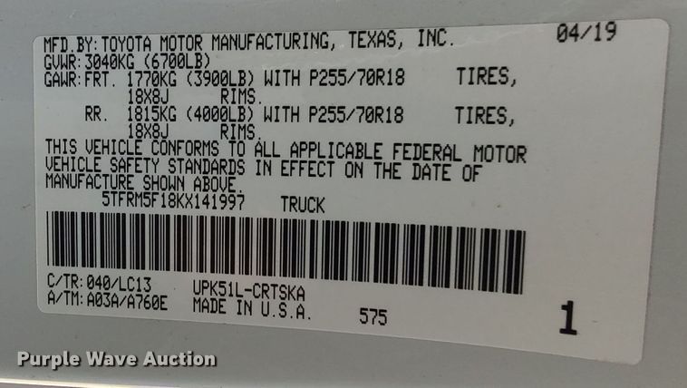 image for item LK9974 2019 Toyota Tundra  Double Cab pickup truck