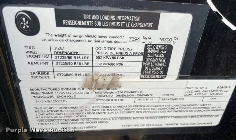 image for item MR9460 2018 Load Trail  equipment trailer