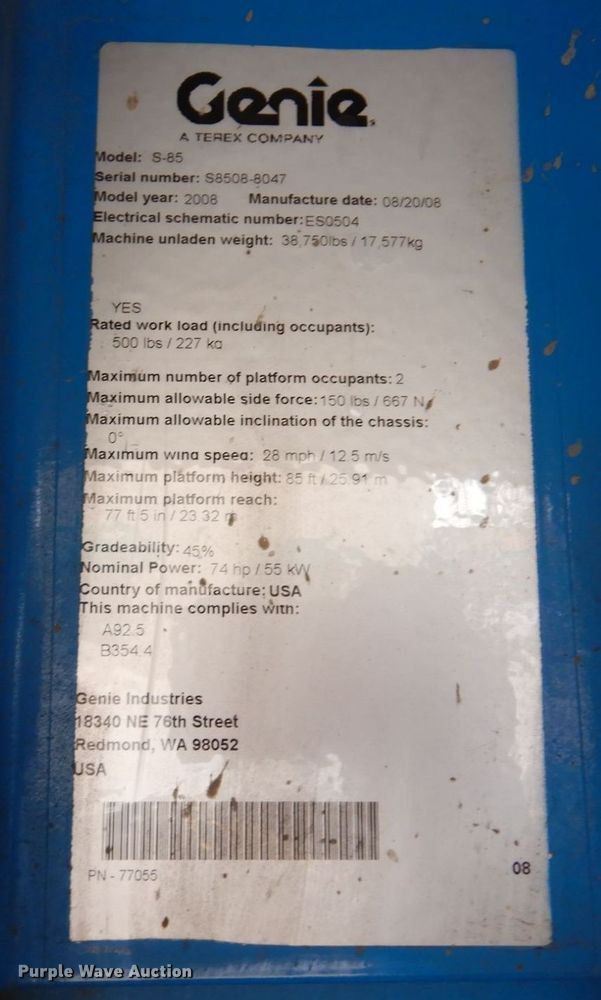 image for item JL9880 2008 Genie S-85  boom lift