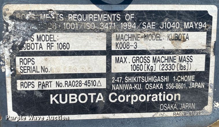 image for item JW9368 2009 Kubota K008-3  mini excavator