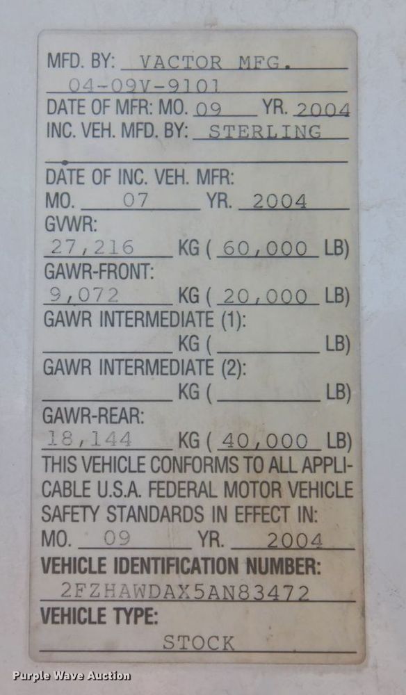 image for item KF9470 2005 Sterling L8500  sewer jetter truck