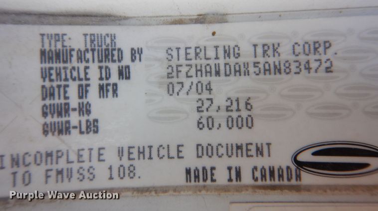 image for item KF9470 2005 Sterling L8500  sewer jetter truck